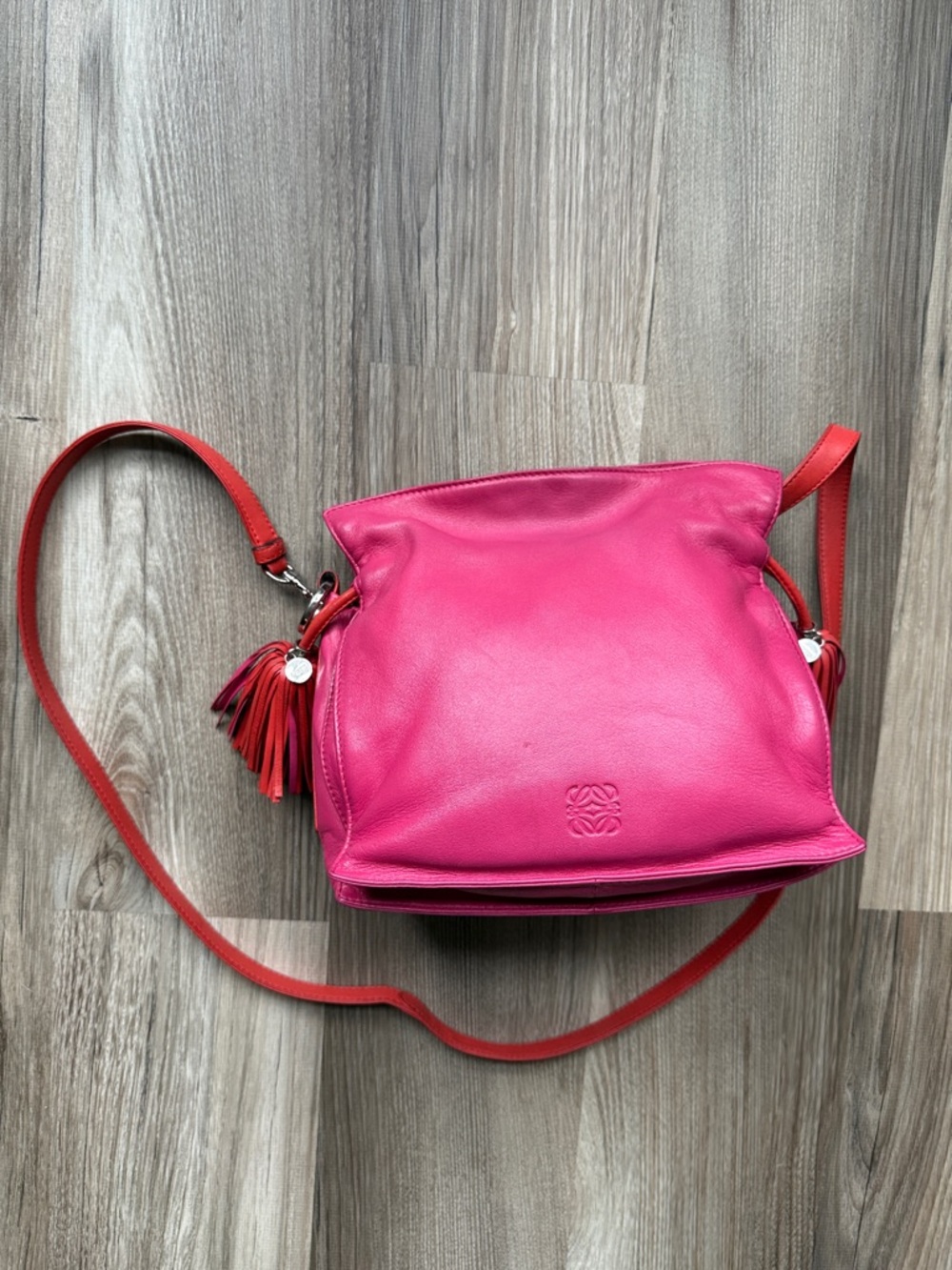 Loewe Flamenco Pink Leather Crossbody Drawstring Bag - Pink w Red accents